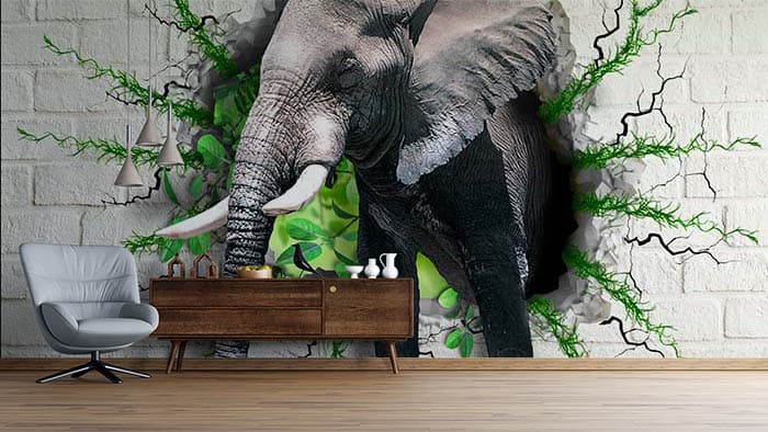Artistic Elephant and Green Vines wallpaper shown in a room
