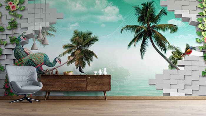 Peacock and Palm Tree Wallpaper for Wall shown in a room