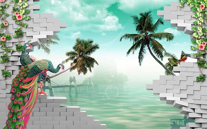 Peacock and Palm Tree Wallpaper for Wall pattern detail