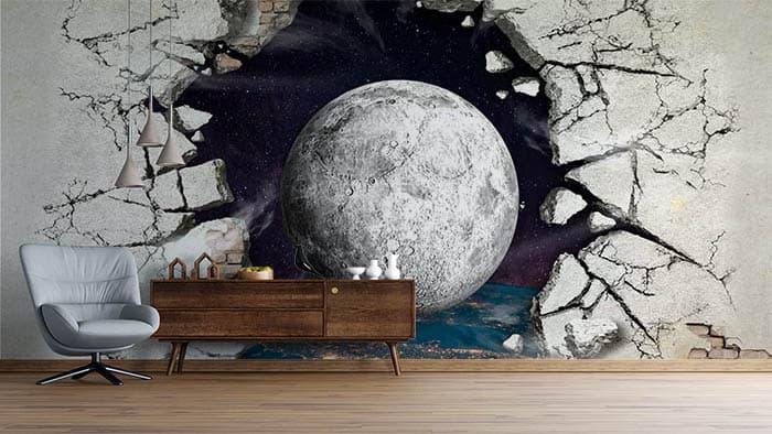 3D Cracked Wall with Moon Sight View Wallpaper shown in a room