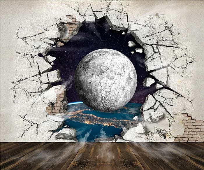 3D Cracked Wall with Moon Sight View Wallpaper pattern detail