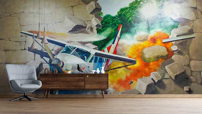 3D Wall Smash Fighter Planes Adventure Wallpaper shown in a room