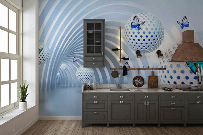 Bluish Morpho shown in a room