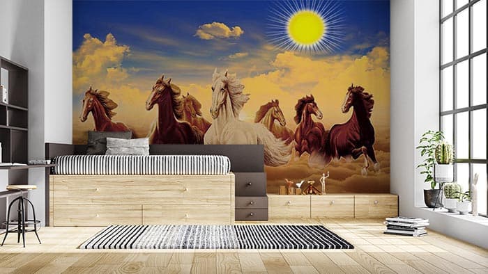Stride of Destiny Twirling Seven Horses Wallpaper Mural shown in a room