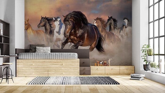Premium Running Horses Wall Mural Wallpaper shown in a room