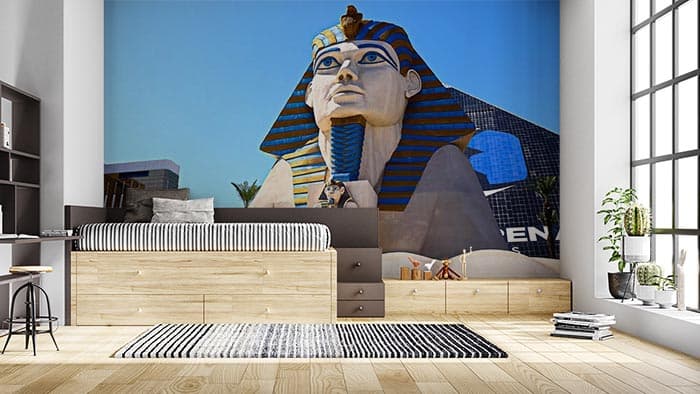 Ancient Egyptian Sphinx Statue Wall Mural Wallpaper shown in a room