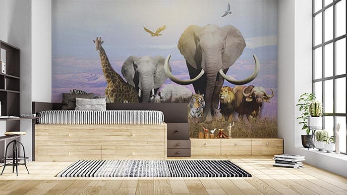 Elephant Wallpaper for Walls, Elephant Herd shown in a room