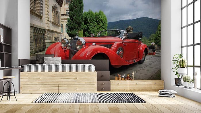 Vintage Red Convertible Classic Car Wall Mural Wallpaper shown in a room
