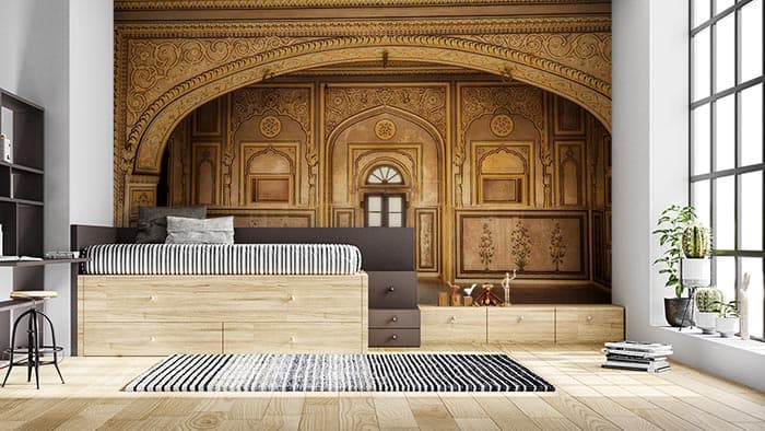 Mysterious Castle Fantasy Landscape Wall Mural Wallpaper shown in a room