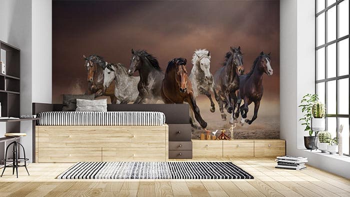 Majestic Active Horses Running Scene wallpaper shown in a room