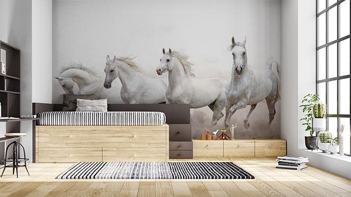 Powerful Rhinoceros Wildlife Art Wall Mural Wallpaper shown in a room