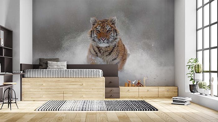 Graceful Tiger Running Freely Wall Decor Wallpaper shown in a room