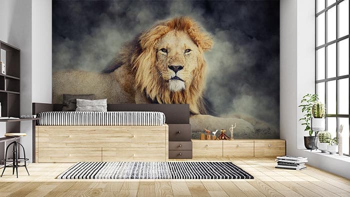 Wild Lion Portrait Wall Art Design Wallpaper shown in a room