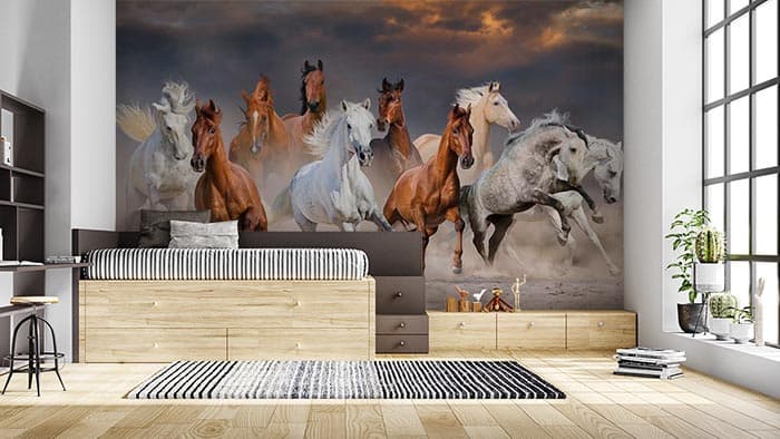 Powerful Galloping Horses Wall Decor Wallpaper shown in a room