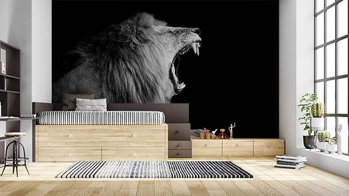 Monochrome Roaring Lion Wallpaper shown in a room