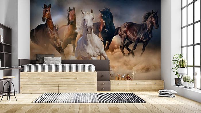 7 Horses Wallpaper Running Freely shown in a room