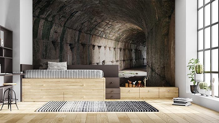 Realistic Stone Tunnel Wall Decor Wallpaper shown in a room
