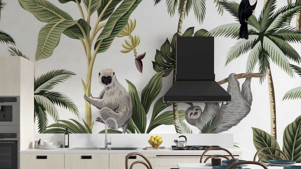 Monkeys Playing on Banana Tree Wallpaper shown in a room