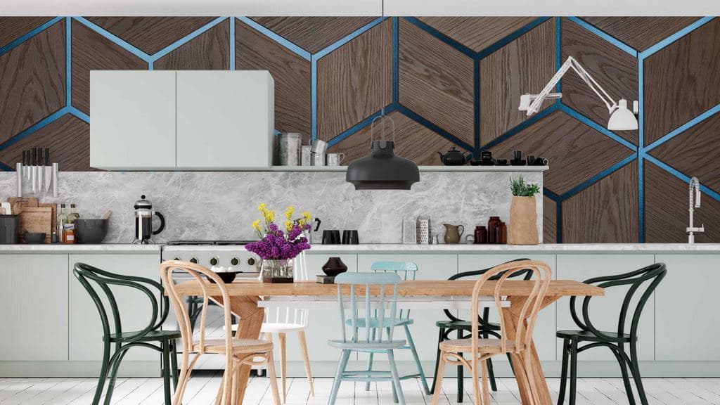 Modern Interior Wood Hexagon Wallpaper shown in a room