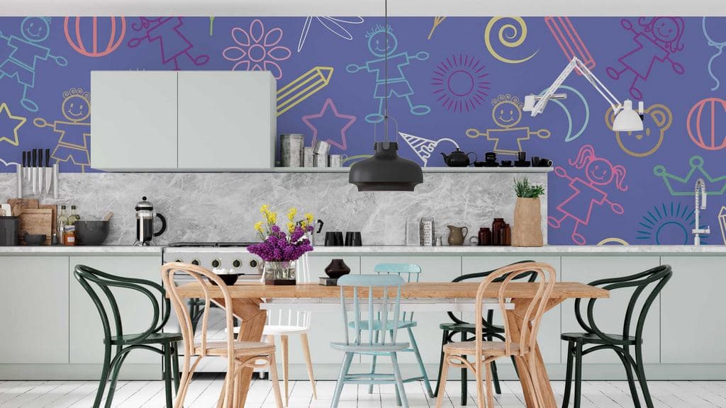 Trendy Purple Sketch Art Decorative Wall Wallpaper shown in a room
