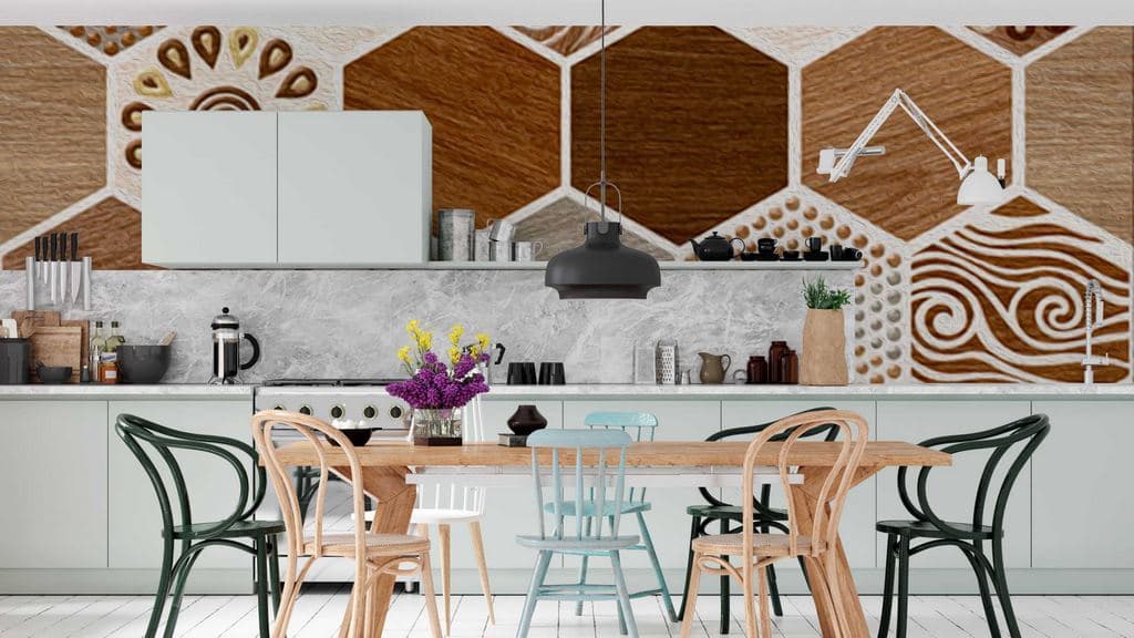 Stylish Hexagon Stone Pattern Texture Wallpaper shown in a room