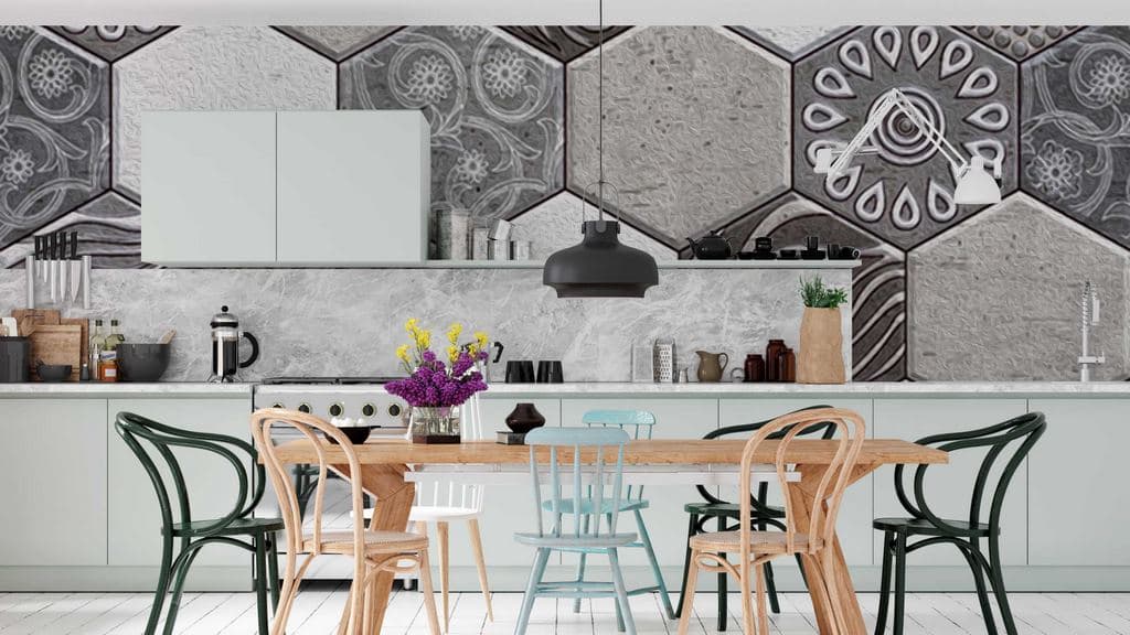 Modern Hexagon Marble Pattern Wall Wallpaper shown in a room