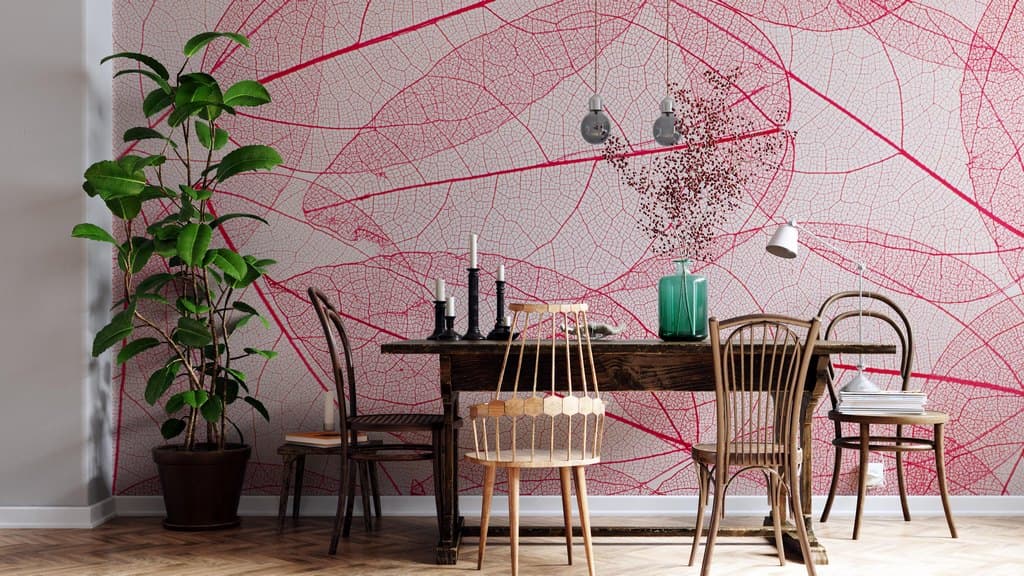 Artistic Crimson Feather Wall Design wallpaper shown in a room