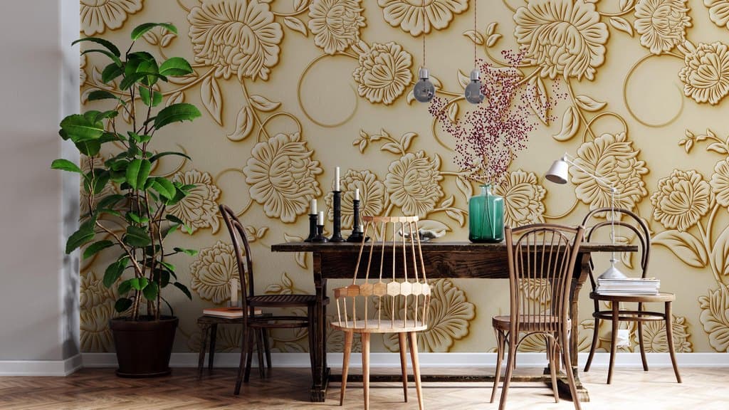 Elegant Yellow Pattern Design Interior Wallpaper shown in a room