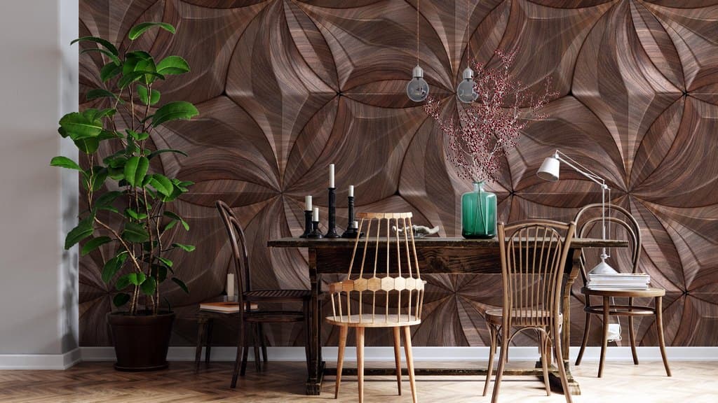 Dark Wood Art Work 3D Wallpaper shown in a room