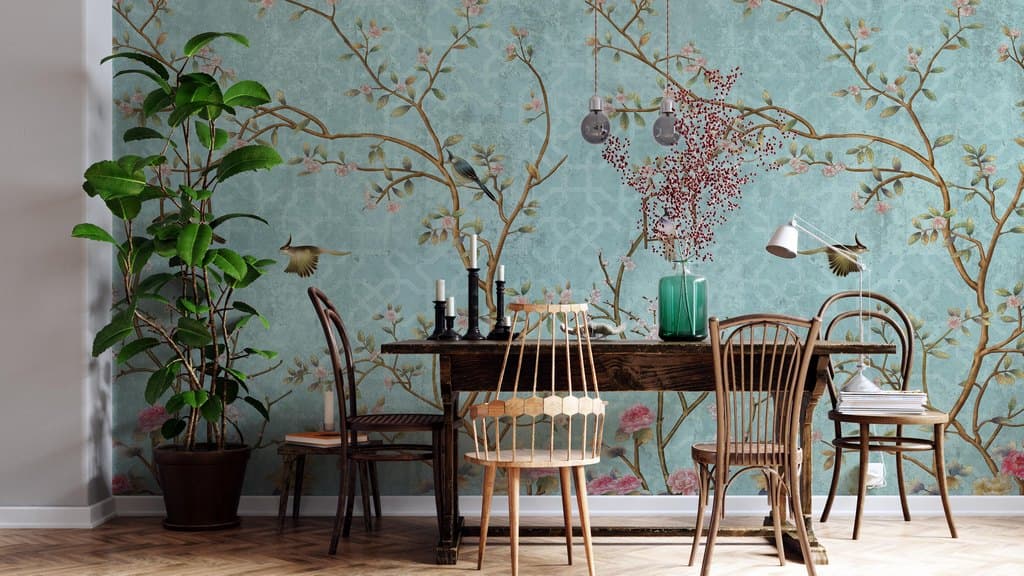 Birds on Tree Branches Luxury Design Wallpaper shown in a room