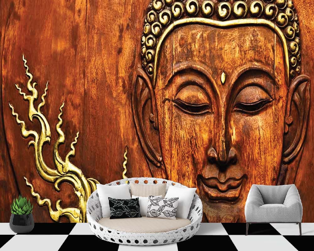 Red Carved Buddha Wallpaper shown in a room