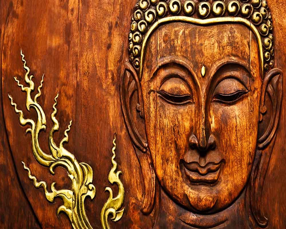 Red Carved Buddha Wallpaper pattern detail