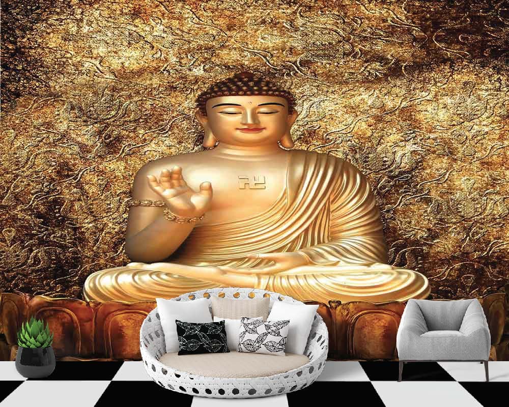 3D Gold Buddha Wallpaper for Home shown in a room