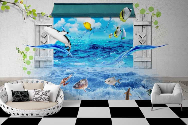 Ocean All Around Scenic Blue Sea Nature Wall Mural Wallpaper shown in a room
