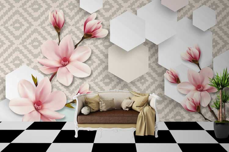 3D Flower Drawing Wall shown in a room