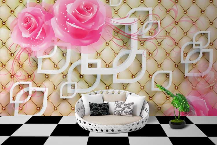 3D Pink Rose With Cushion Effect Background Wallpaper for Wall shown in a room