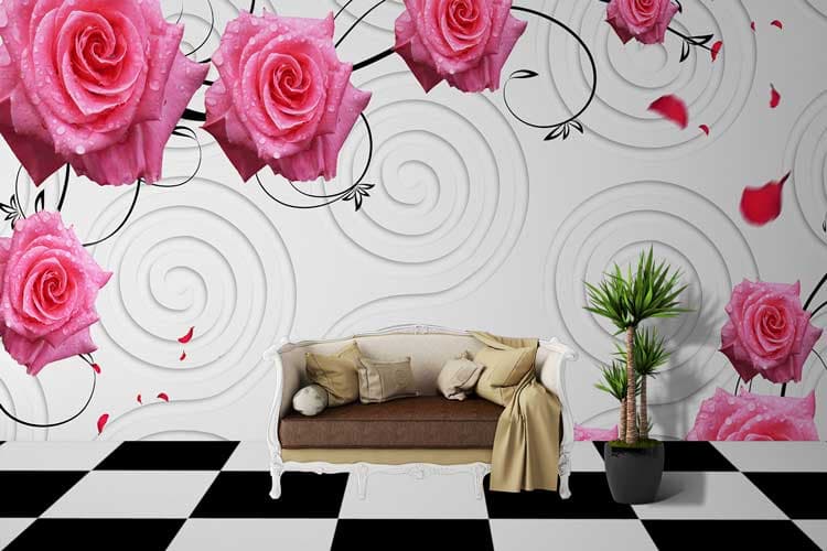 Pink Roses and Curly Designs Wallpaper for Wall shown in a room