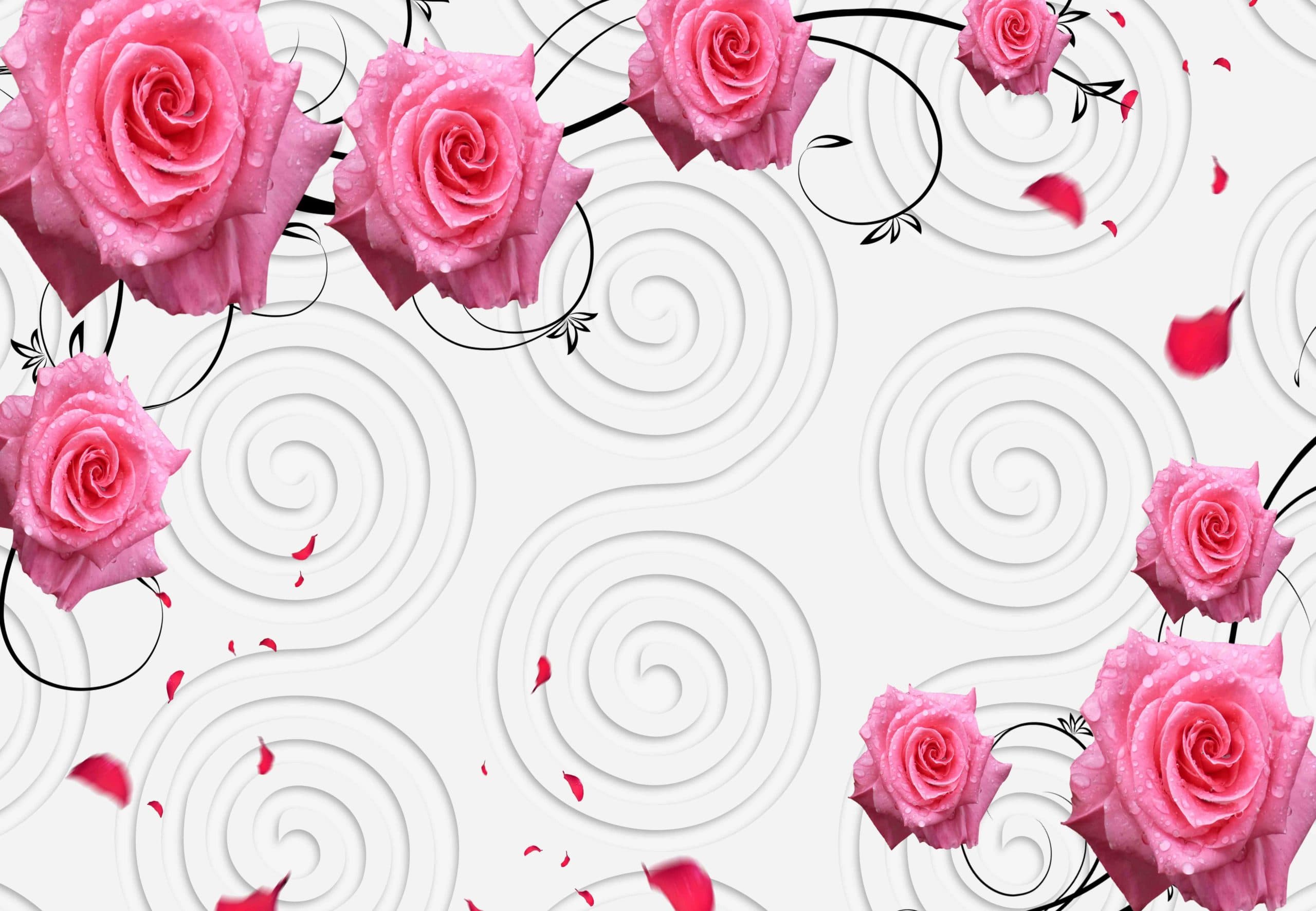 Pink Roses and Curly Designs Wallpaper for Wall pattern detail