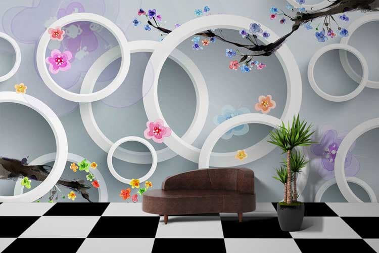 Circles 3D With Flowers shown in a room