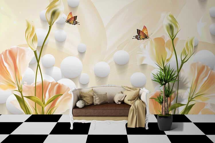 Yellow Petals Abstract Floral Art Wall Mural Wallpaper shown in a room