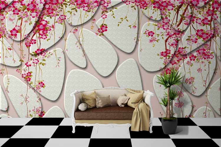 3D Stone Tiles and Flowers Wallpaper Mural shown in a room