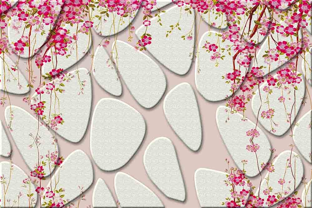 3D Stone Tiles and Flowers Wallpaper Mural pattern detail