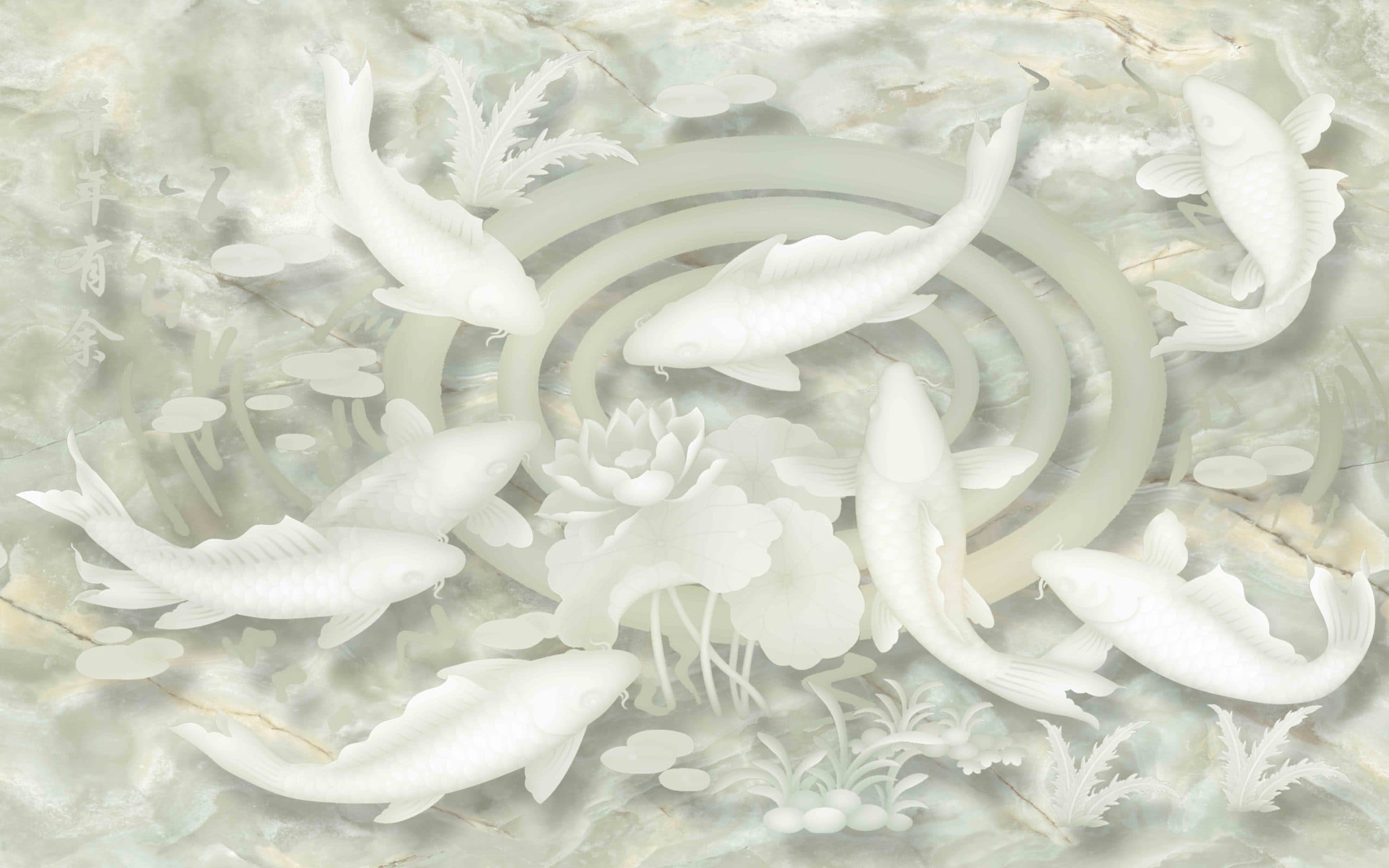 Fish White Marble Wall Mural Design Wallpaper pattern detail