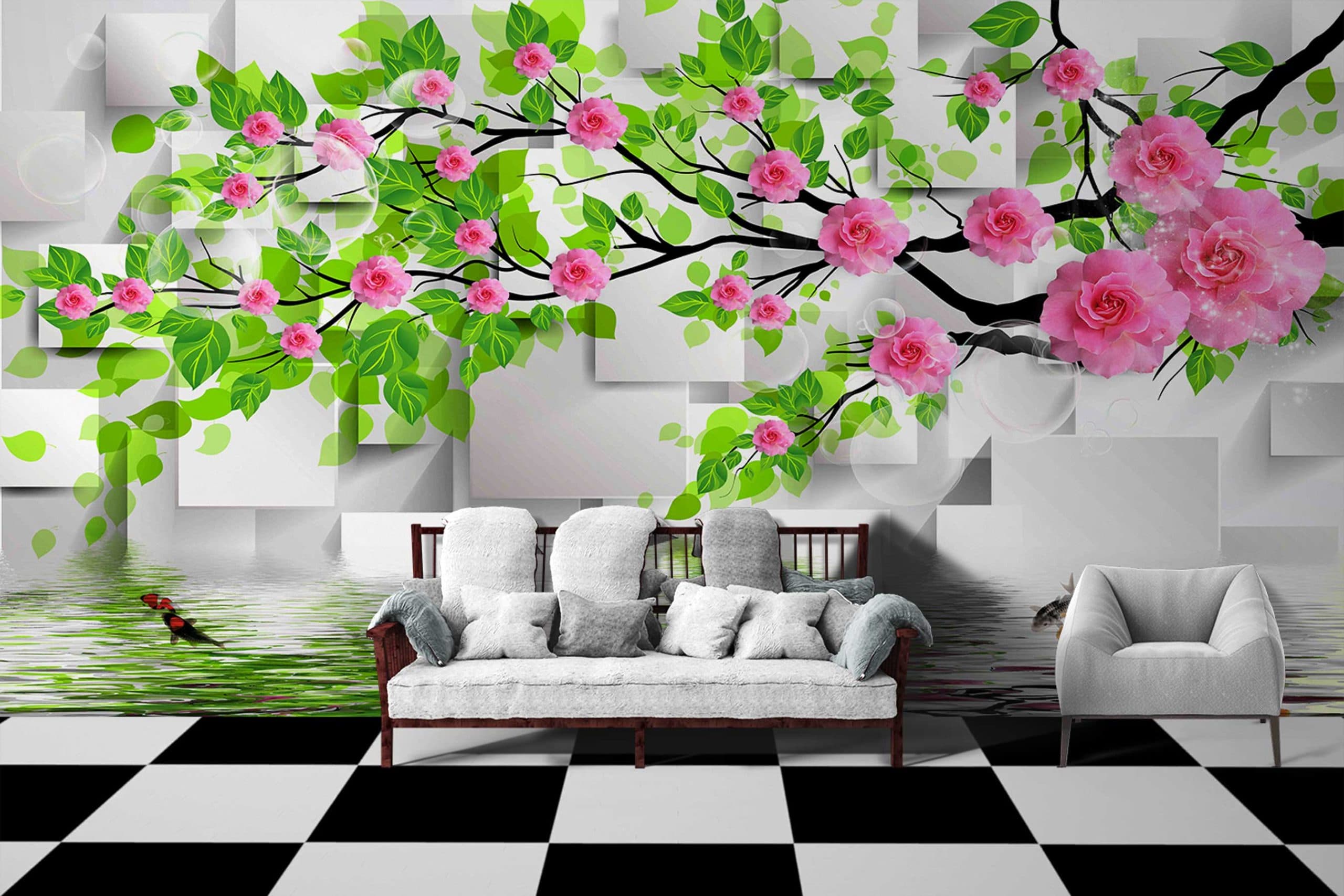 Artistic Underwater Floral Wall Decor Wallpaper shown in a room