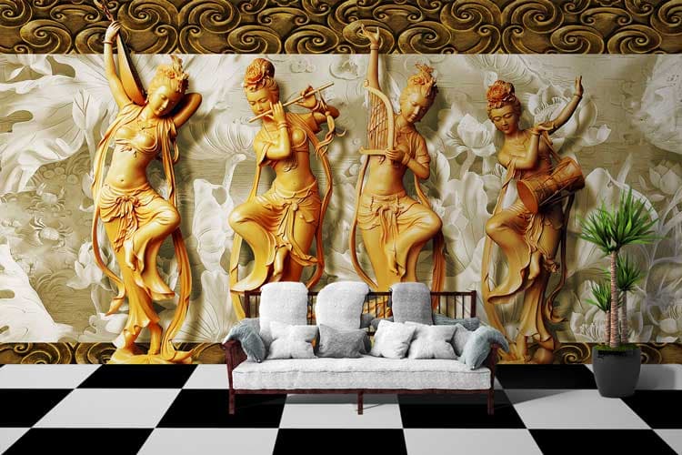 Statue of Dancers Mural Art shown in a room