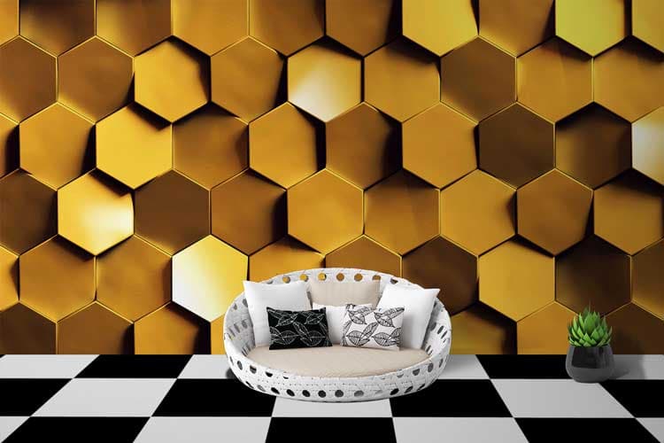 Abstract 3D Gold Effect Luxury Wall Design Wallpaper shown in a room