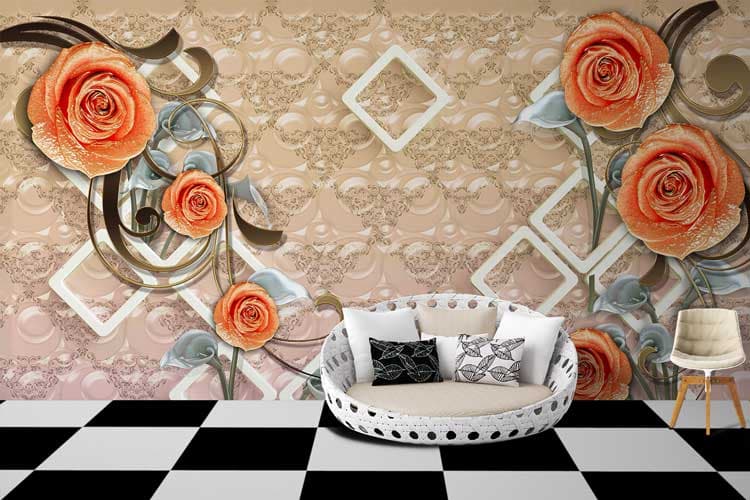 Orange Roses Abstract Wallpaper for Wall shown in a room