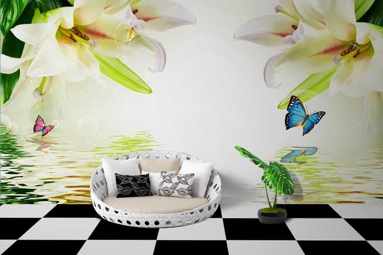 Golden Floral Butterflies Wall Wallpaper shown in a room