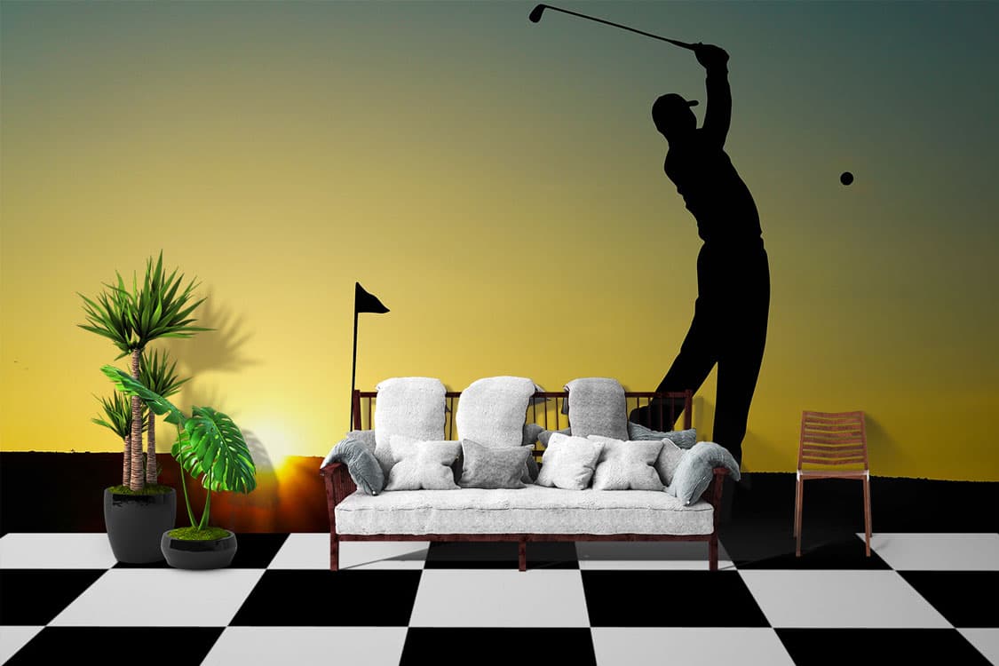 Golfing Sunset Scenic Wall Mural Wallpaper shown in a room
