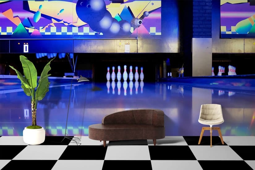 Neon Bowling Pins shown in a room